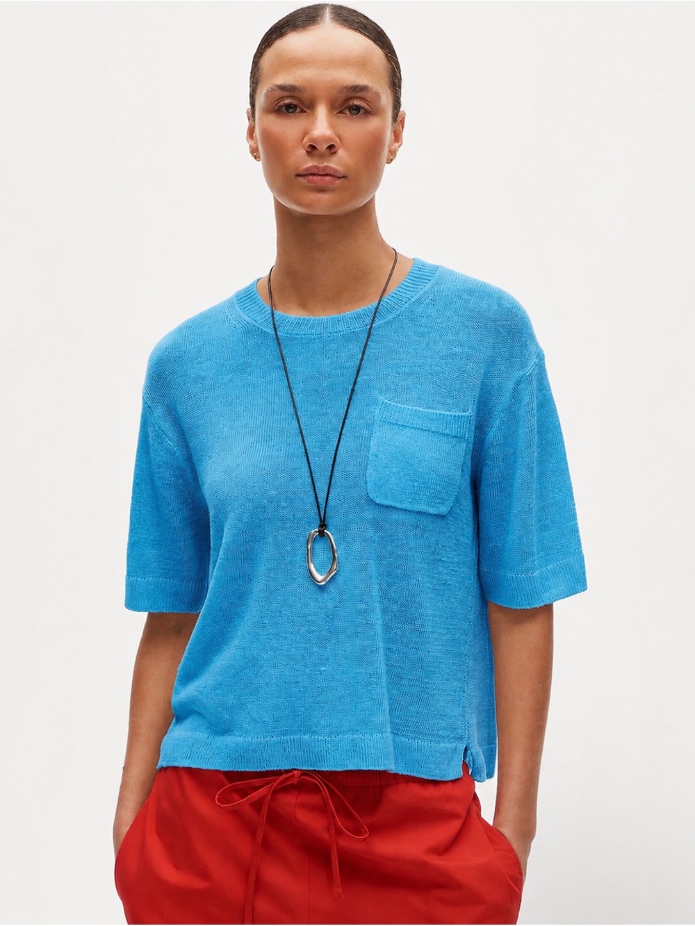 J.Crew Relaxed Pocket Sweater Tee Linen Blend Rich Cerulean Blue Size S